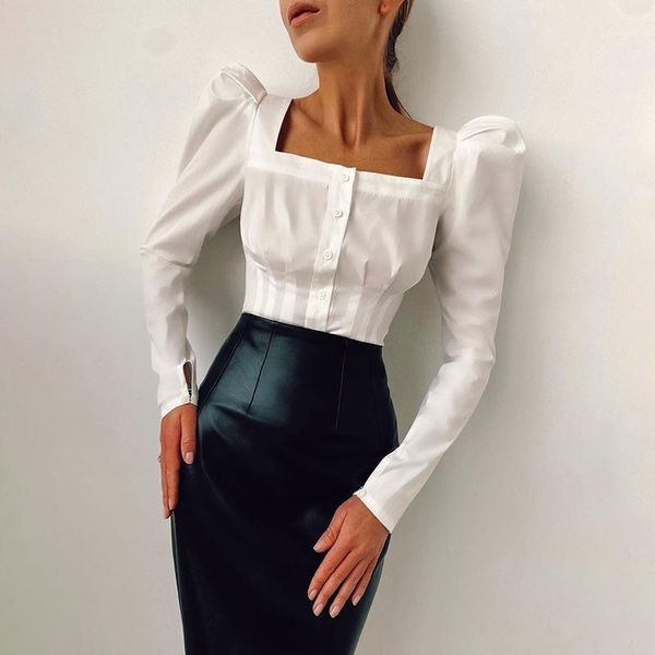 

autumn square neck white shirt female pleated women blouse elegant puff long sleeve office ladies buttons blouses 2020 gift1