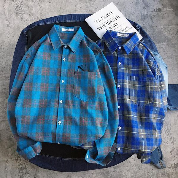

highstreet plaid shirts men autumn winter pocket long sleeved shirt male button cardigan shirts mixed color men's clothing blue1, White;black