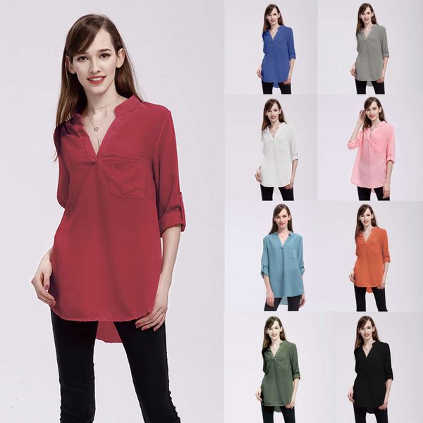 

2019 large v-neck long sleeve pocket loose chiffon shirt, White