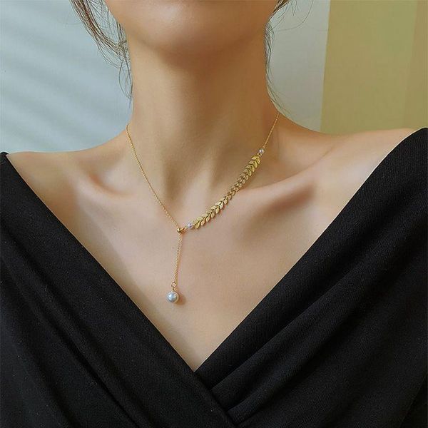 

wheat ear pearl pendant clavicle chain female short paragraph ins tide neck jewelry choker collar necklace, Golden;silver