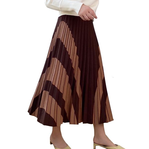 

2021 new high waist knitted casual autumn winter thick long striped women a line skirt jupe femme saia 3ewm, Black
