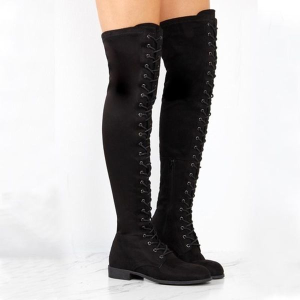 

2020 woman shoes woman rubber low heel boots lace up over knee boots spring women platform footwear lady shoes, Black