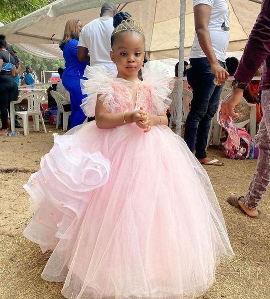 

new pink puffy tulle flower girl dresses pearls hand made flowers little girl dresses birthday pageant gowns1, Red;yellow