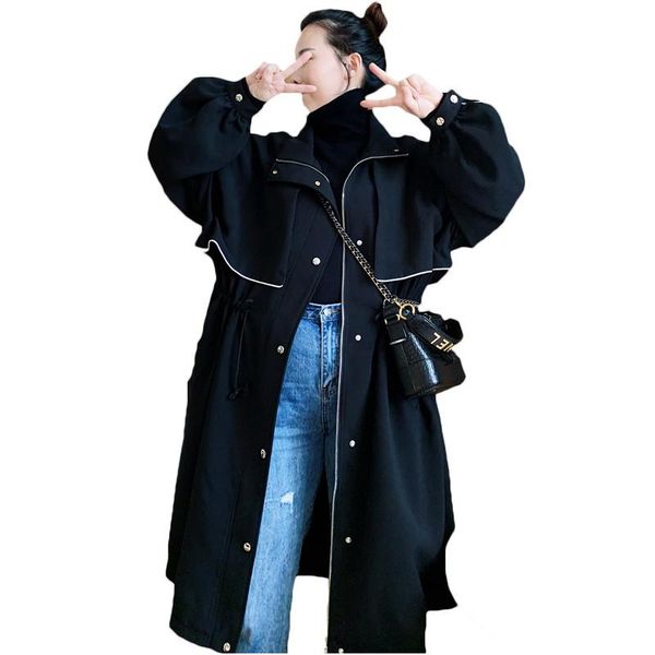 

2021 fashion plus size women's long trench coats loose korean style spring autumn windbreaker coat female overcoats g670, Tan;black