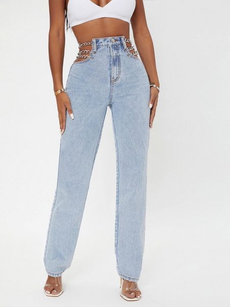 

sxy curvy high waist chain detail jeans 78dj#, Blue