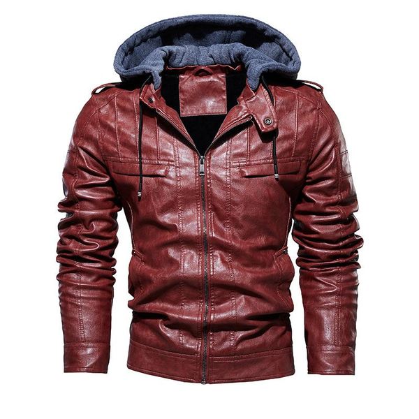 

2021 men vintage motorcycle jacket mens outdoor casual pu leather jacket man winter coat hooded collar club bomber jackets, Black