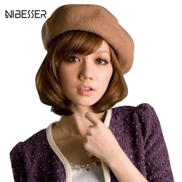 

nibesser solid color women's girl's beret female french warm wool winter hat black white gray pink boinas de mujer, Blue;gray