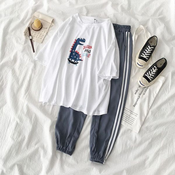 

women suits] women's summer carton t shirt + fashon sports pants lj201012, Gray