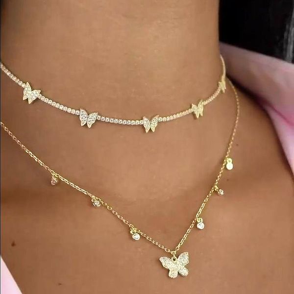 

chokers 2021 iced out cz tennis chain butterfly necklace choker animal charm gold silver color necklaces women fashion jewelry, Golden;silver