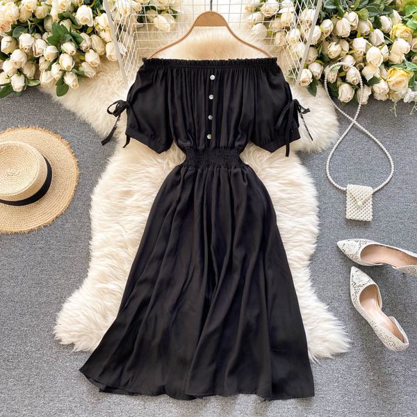 

2021 new singiny women off the shoulder dressed slash neck puff elastic ruched elegant summer dress-line solid eszw, Black;gray