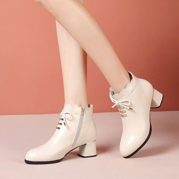 

boots autumn winter boot leather shoes women round toe for girls womans fashion 2021 beige black heel wedding