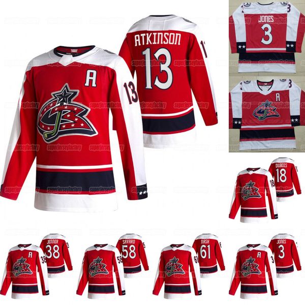 

columbus blue jackets 2021 reverse retro seth jones pierre-luc dubois cam atkinson nick foligno boone jennerdavid savard korpisalo jersey, Black;red