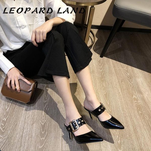 

leopard land 2020 summer fashion thin heeled pointed toe women's shoes shallow mouth high heel buckle casual women's sandals, Black