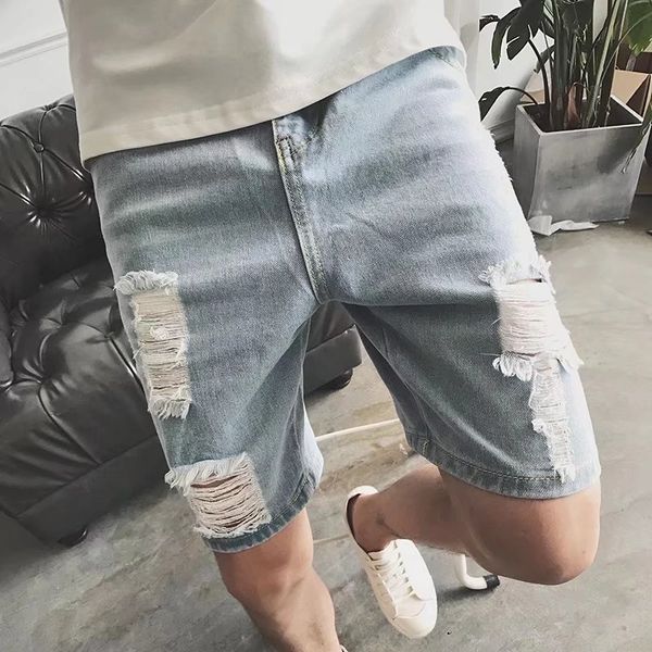 

new men's perforated 5-point denim shorts men's korean slim casual men's pants summer wear, Blue