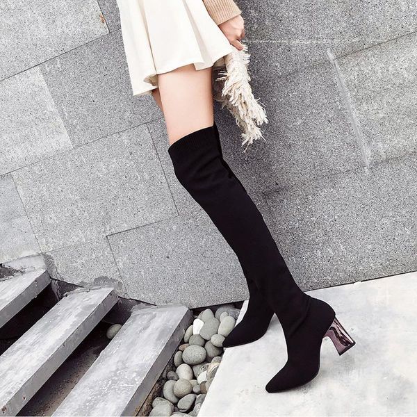 

boots for women fashion long black elastic knit sock knee high ladies chunky shoes chaussures femme