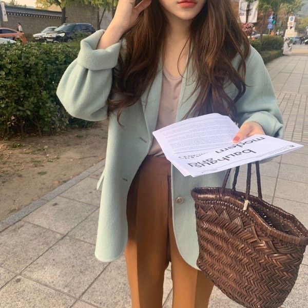 

women autumn winter blue loose wool coat notched collar long sleeve woolen jacket overcoat pocket cardigan casual outwear1, Black