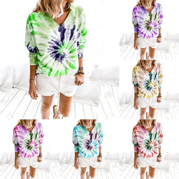 

2020 fall/winter coat new women's v-neck tie-dyed printed long-sleeved loose 2020 fall/winter coat t-shirt new women's v-neck tie, White