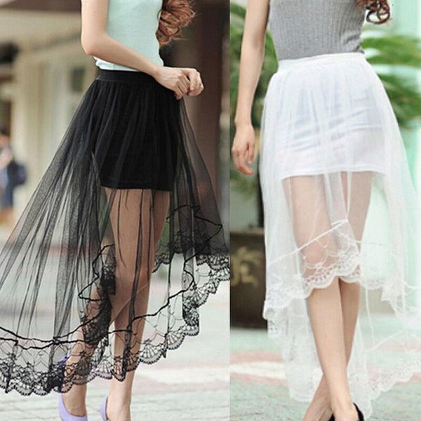 

fashion skirt womens high waist elastic waist solid color mesh skirt double layer long maxi beach skirt, Black