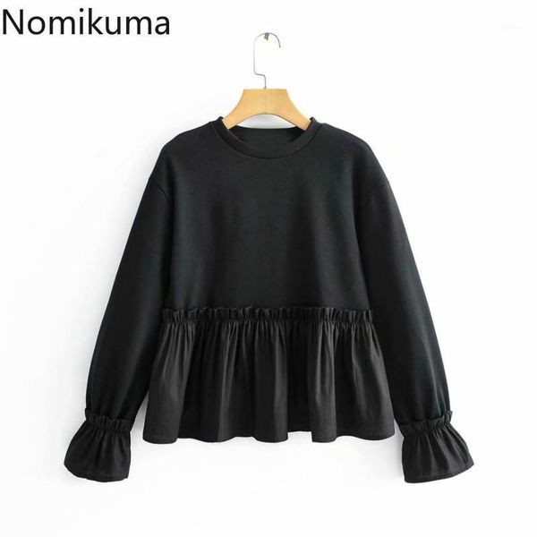 

women's hoodies & sweatshirts nomikuma ruffle patchwork pullover sweatshirt 2021 autumn flare long sleeve causal o-neck women jumper 6c, Black