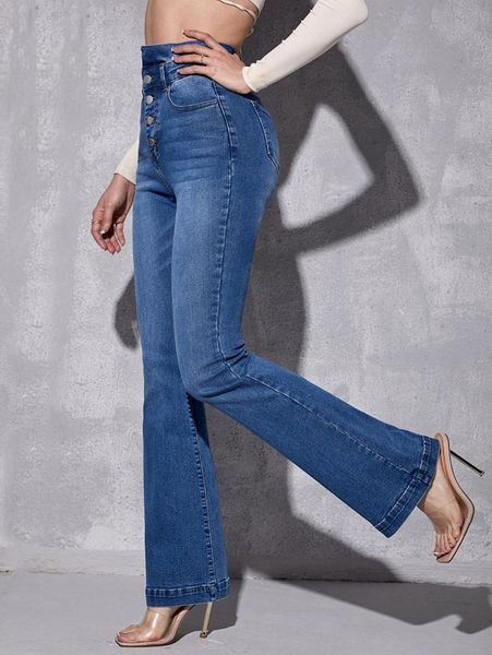 

high waisted button fly flare leg jeans t4qu#, Blue