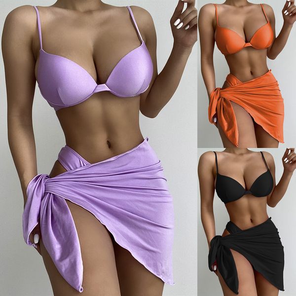 Underwired Push Up Bikini Set Sexy Sólido Sursuit Mulheres 3 Piece Saia De Malha Swimwear 2021 High Cut Bathing Terno Natação Biquini