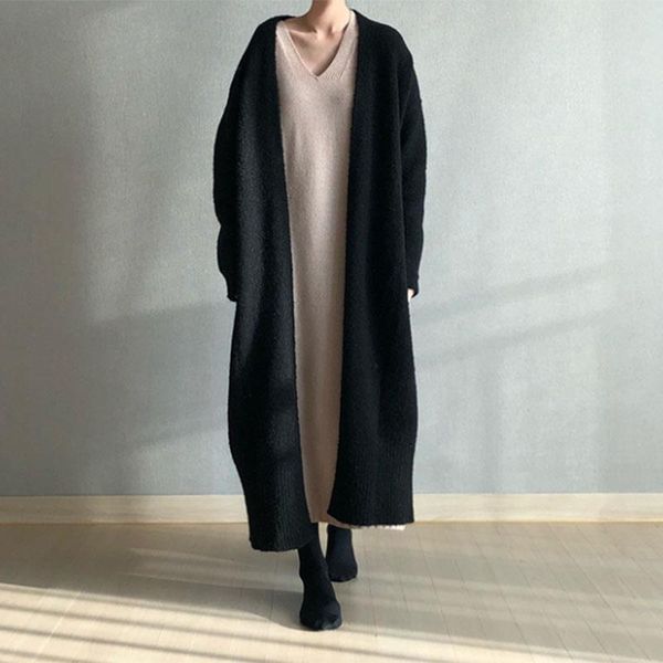 

winter long knitted cardigans sweater women jumper coat plus size harajuku elegant casual loose long sleeve cardigan overcoat, White;black