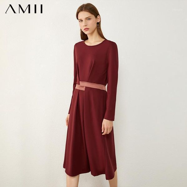 

amii minimalism autumn fashion women dress causal oneck high waist belt women's dress solid knee-length female 120404491, Black;gray