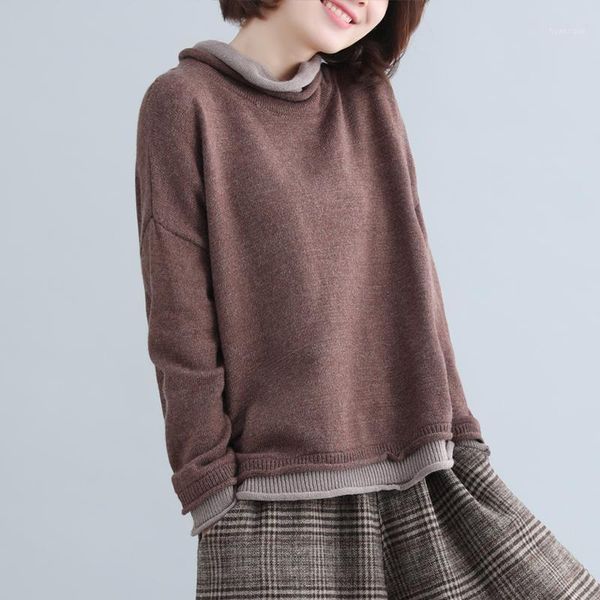 

autumn arts style women long sleeve loose pullovers fake two piece casual knitted turtleneck vintage sweater s6061, White;black