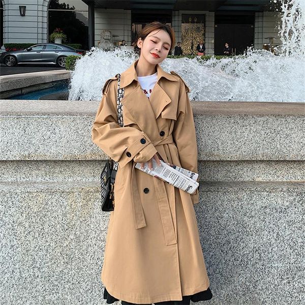 

spring mid-length over knee khaki double breasted trench with belt women autumn new plus size casual windbreaker casaco feminino1, Tan;black