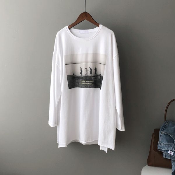

new 2021 spring o-neck t shirts long sleeve 100% cotton material print boyfriend style loose women white tees noif