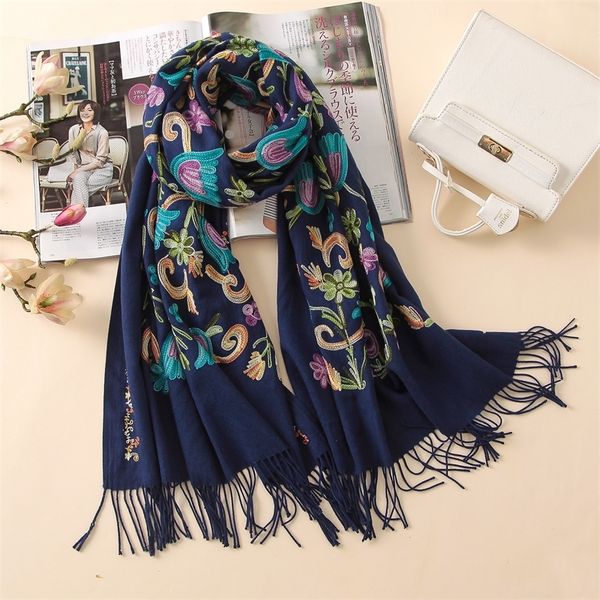 

designer quality embroidery cashmere scarves vintage winter women scarf long size shawls and wraps lady soft warmer foulard y200103, Blue;gray