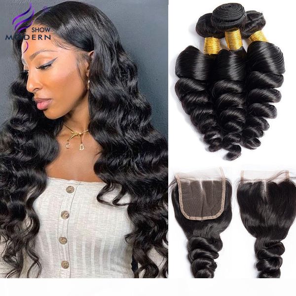 

modern show brazilian loose deep wave bundles with closure 100% non-remy human hair weave 3 bundles with swiss lace closure, Black