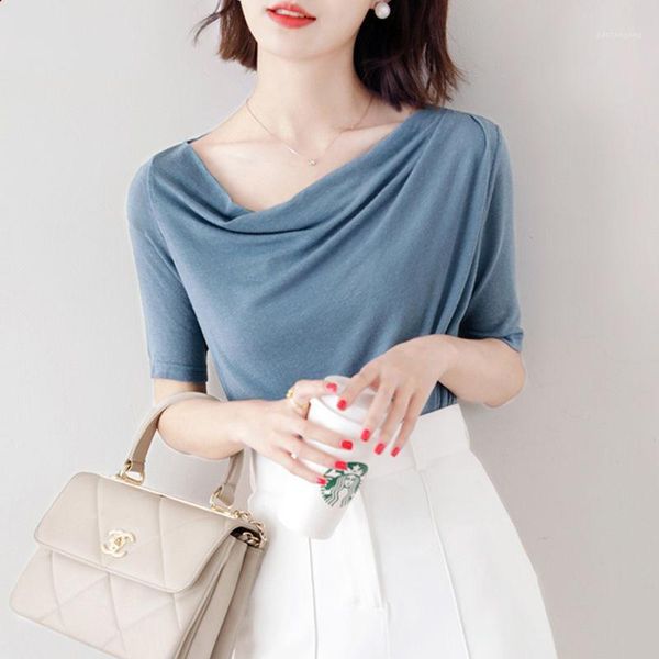 

new autumn cotton shirt women's summer skew collar half sleeve t-shirt loose spring casual knitting shirts plus size -7xl1, White