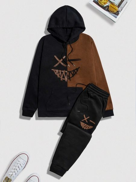 

men two tone cartoon face print drawstring hoodie & sweatpants c8bi#, Gray