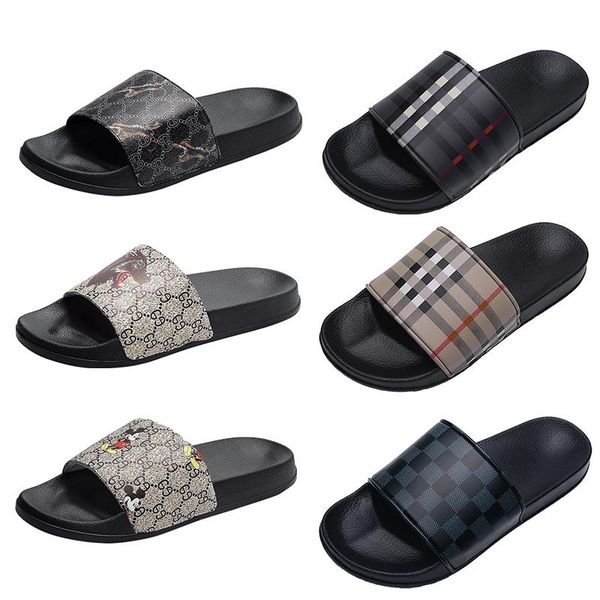 

new rubber slides sandals cartoon grid pattern men slipper flat bottoms flip flops mens fashion striped beach slippers platform sneakers siz, Black