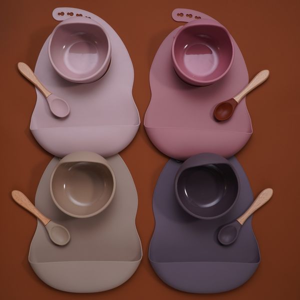 

baby stuff tableware silicone sucker bowl waterproof bpa baby bibs children toddle feeding plate and wodden handle spoon. q1106