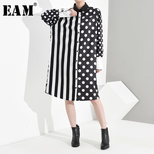 

[eam] women black striped dot big size shirt dress new lapel long sleeve loose fit fashion tide spring autumn 2020 ju6880 lj201202, Black;gray