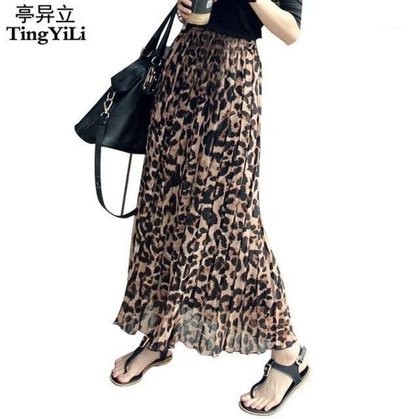 

tingyili summer women long leopard print skirt elastic high waist chiffon pleated slim fit casual maxi skirt1, Black