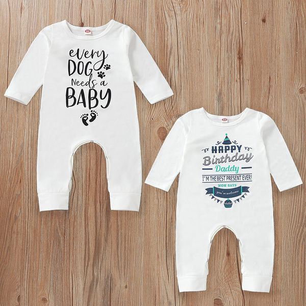 

newborn twin baby clothes happy birthday daddy letter print white romper baby long sleeve onesie toddler one piece jumpsuits c1018, Blue