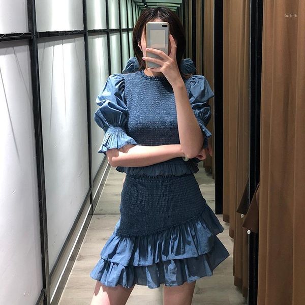 

ewq]2020 summer new puff sleeve o neck pleated elastic waist slim pullover shirt+high waist all-amtch ruffled skirt 2 piece set1, White