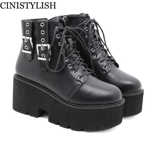 

autumn winter womens shoes on platform wedges fashion buckle black gothic style chunky ankle demonia boots high heels new q1104