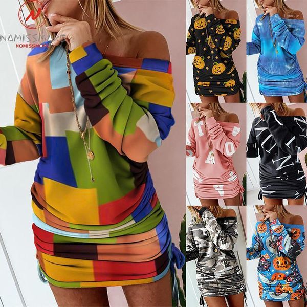 

halloween style women pencil dress shrinkage drawstring design o-neck long sleeve high waist pumpkin print slim mini dress1, Black;gray