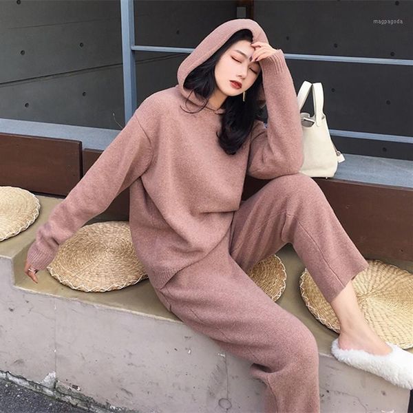 

chic women suit knitted outfits hooded sweater pullovers lace-up pencil pants 2 piece sets autumn winter sweater tracksuit1, Gray