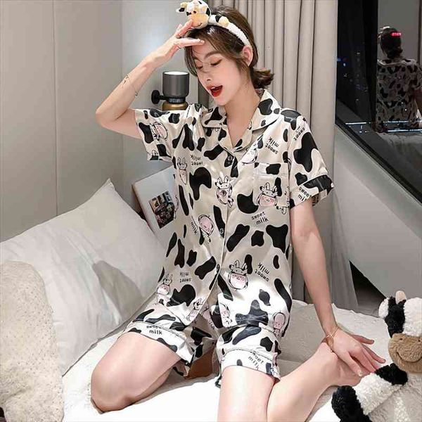 

pajama girl summer ice silk short womens sleepwear thin sweet and lovely cow two piece suit summer silk home clothes, Black;red