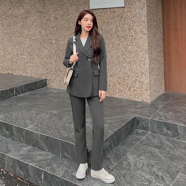 

2020 new autumn blazer pants suit elegant minimalist work blazers + women 2 piece sets korean style office lady full, White