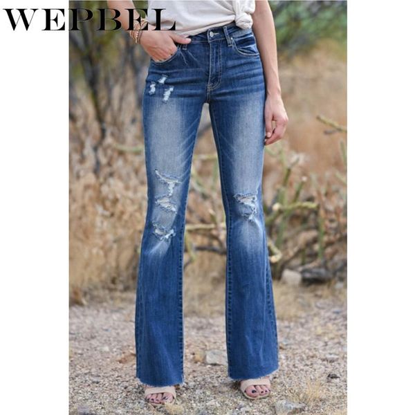

mandylandy women casual hole denim jeans lady new fashion ripped straight denim pants long trousers, Blue