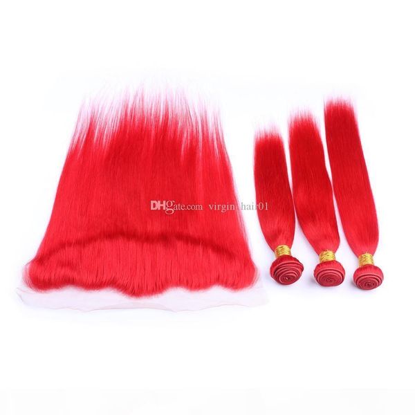 

#red malaysian straight human hair bundle deals 3pcs with frontals 4pcs lot red 13x4 full lace frontal closure with weaves, Black;brown