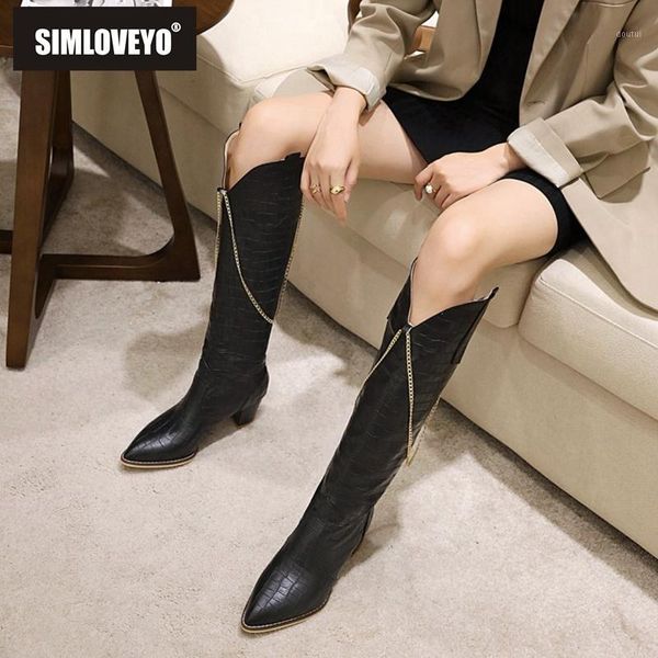 

boots simloveyo winter cowboy knee-high pointed toe 6cm chunky heel pu slip-on solid chains big size 35-48 green work c20481, Black