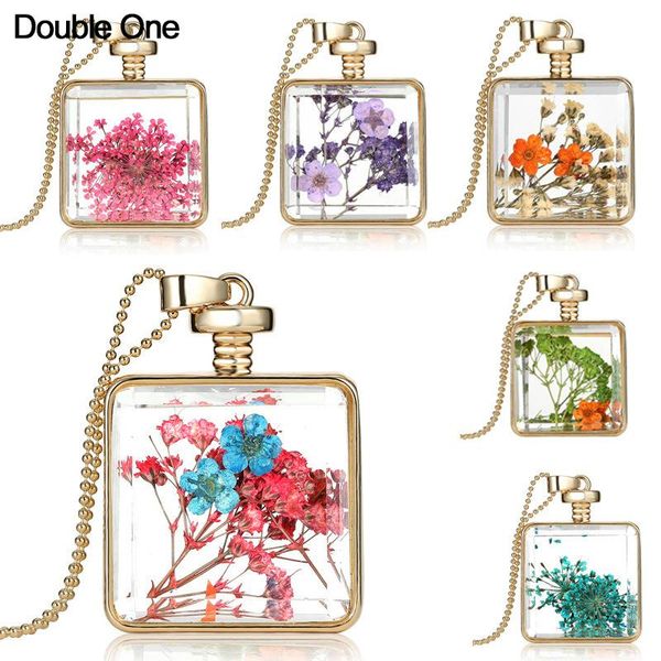 

pendant necklaces square dried flowers plant specimen necklace crystal glass gold color locket charms pendants jewelry gift for lovers', Silver