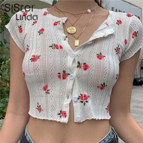 

sisterlinda floral print knit t-shirt women fashion simple casual crop short sleeve slin lady button cardigan tees 20201, White